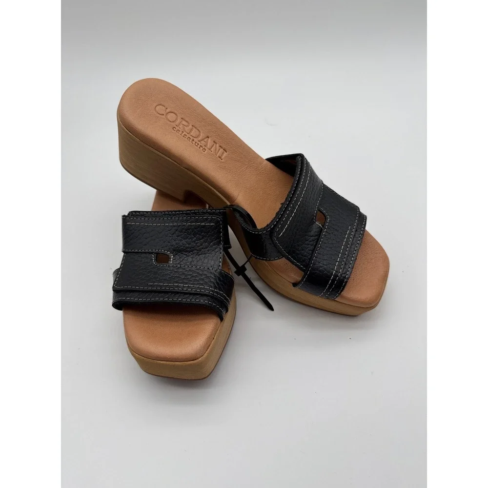 Cordani Black Pebbled Leather Wood Platform Block Heel Slide Sandals Size 38